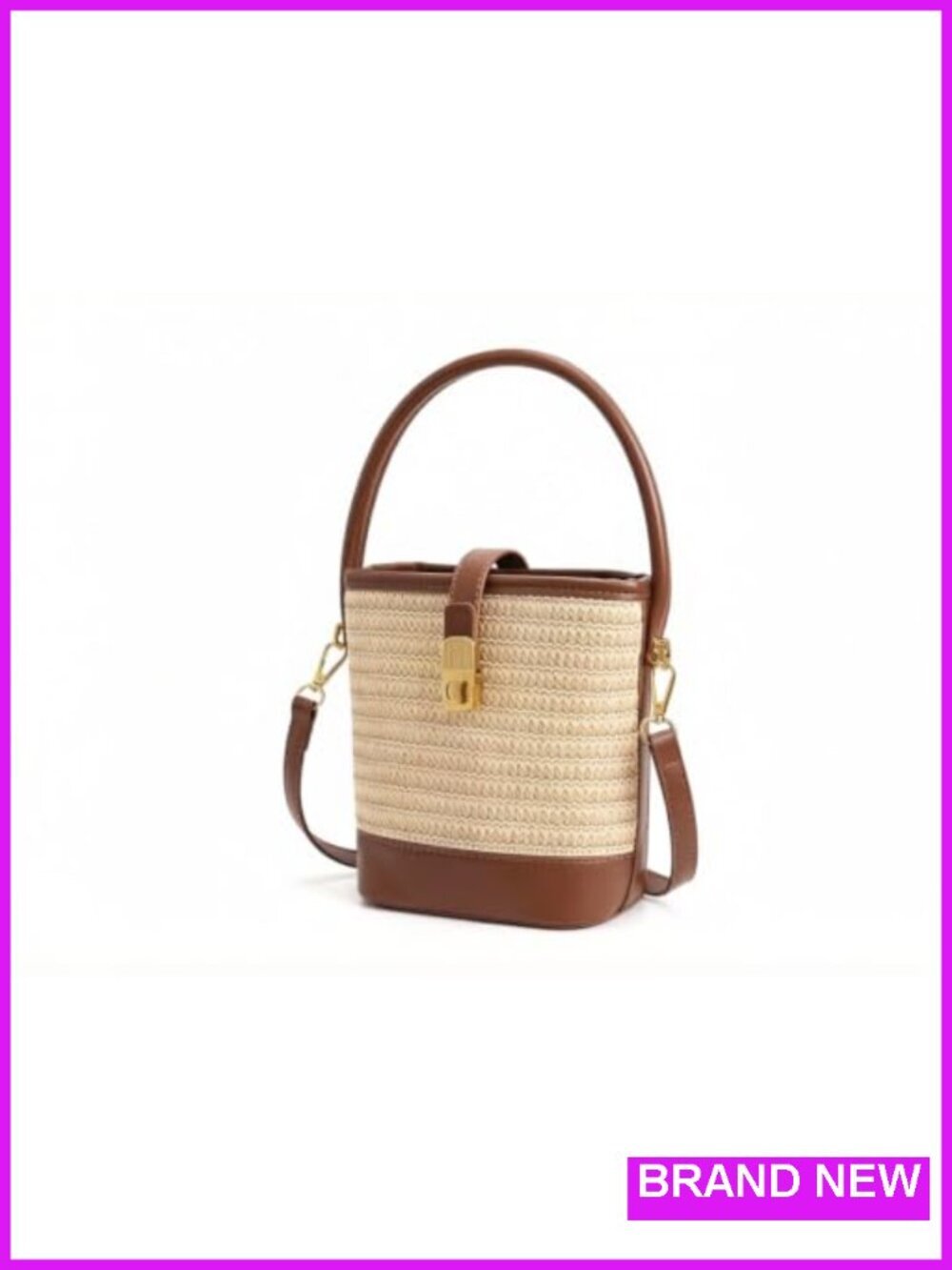 Woven Straw Vegan Leather Bucket Bag with Twist Lock Top Handle